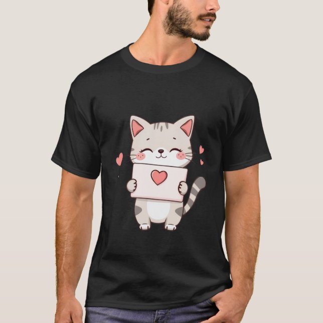 Süßes Kätzchen hält Herz Liebesbrief Kunst T-Shirt (Vorderseite)