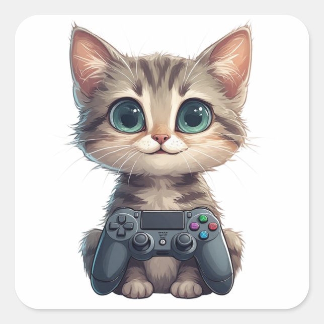 Süßes Kätzchen hält Spielcontroller Gamer-Katze Quadratischer Aufkleber (Vorderseite)