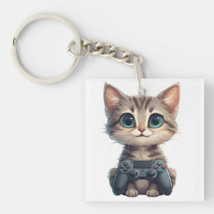 Süßes Kätzchen hält Spielcontroller Gamer-Katze Schlüsselanhänger