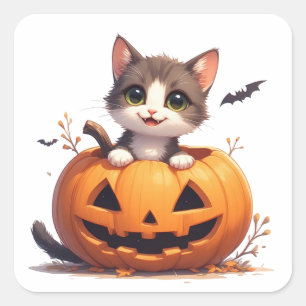 Süßes Kätzchen im Kürbis Herbst Halloween Szene 🎃 Quadratischer Aufkleber