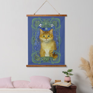 Süßes Kätzchen im Vintage-Art-Nouveau-Stil Wandteppich Mit Holzrahmen