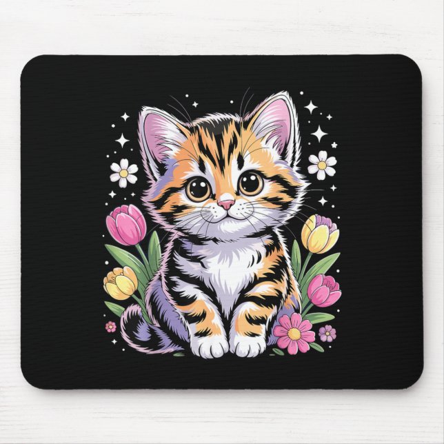 Süßes Kätzchen Katze Floral Kawaii Mousepad (Vorne)