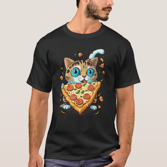 Süßes Kätzchen Katze isst Pizza T-Shirt (Vorderseite)