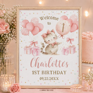 Süßes Kätzchen Katze Rosa Ballons 1. 2. 3. Geburts Poster