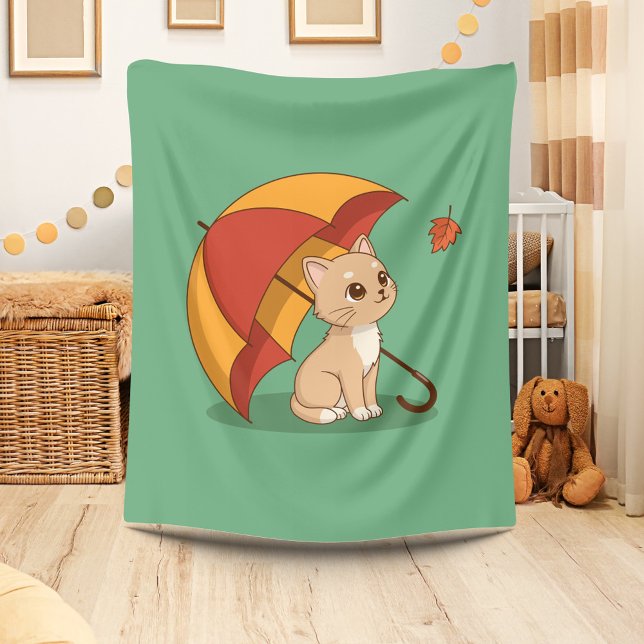 Süßes Kätzchen Katze Rot Gelb Regenschirm Fall Grü Fleecedecke (Von Creator hochgeladen)