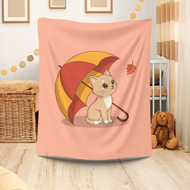 Süßes Kätzchen Katze Rot Gelb Regenschirm Fall Ros Fleecedecke (Von Creator hochgeladen)