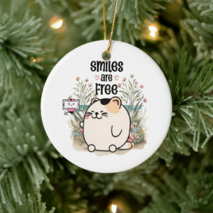 Süßes Kätzchen "Lächeln ist kostenlos" Whimsical W Keramik Ornament
