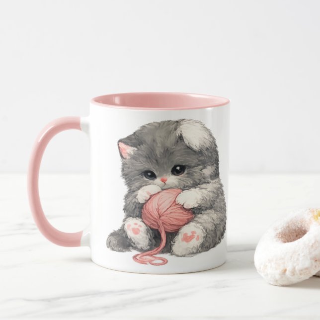 Süßes Kätzchen mit rosa Garn Becher Tasse (Mit Donut)