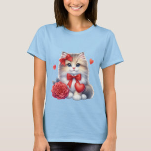 Süßes Kätzchen mit roter Rose und Herz Liebe Kunst T-Shirt