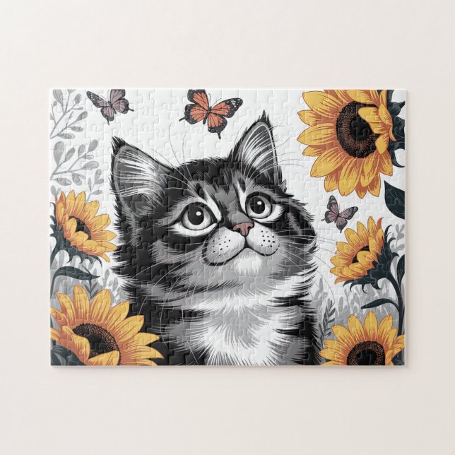 Süßes Kätzchen mit Sonnenblumen Puzzle (Horizontal)