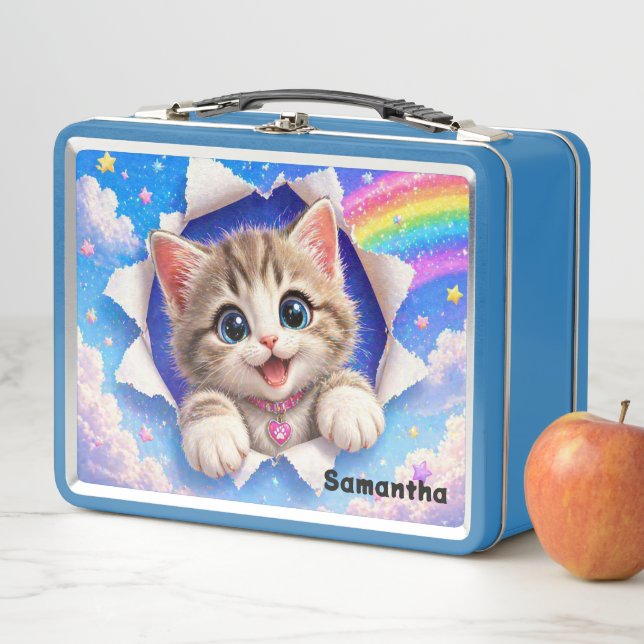 Süßes Kätzchen Regenbogenkatze beim Durchbrechen Metall Brotdose (Beispiel)