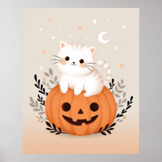 Süßes Kätzchen sitzt auf Kürbis modernes Halloween Poster