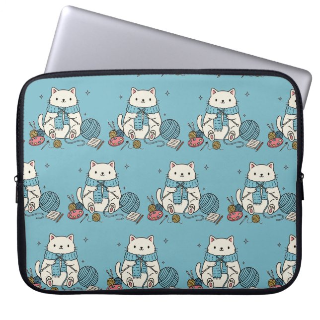 Süßes Kätzchen strickt blaues Muster Tech Accessoi Laptopschutzhülle (Vorderseite)