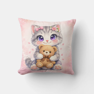 Süßes Kätzchen umarmt Teddybär Quadrat Kissen