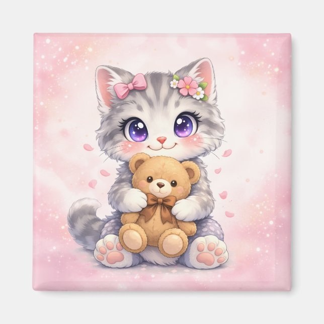 Süßes Kätzchen umarmt Teddybär Quadrat Magnet (Vorne)