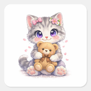 Süßes Kätzchen umarmt Teddybär Quadratischer Aufkl Aufkleber