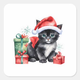 💝 Süßes Kätzchen umarmt Weihnachtsgeschenk Aufkle Quadratischer Aufkleber