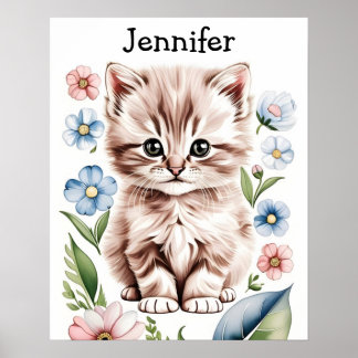 Süßes Kätzchen und Frühlingsblumen Poster