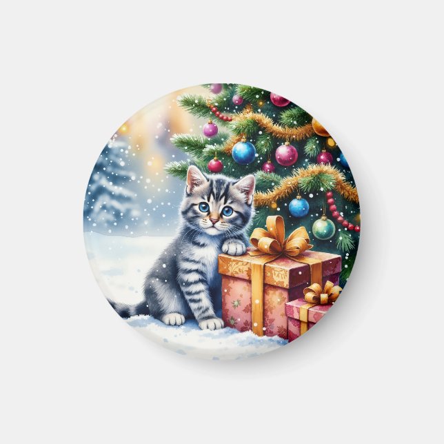 Süßes Kätzchen unter dem Weihnachtsbaum Magnet (Vorne)