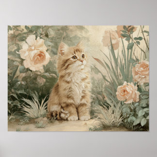 Süßes Kätzchen-Wandkunst Cottagecore-Blumen-Katze  Poster