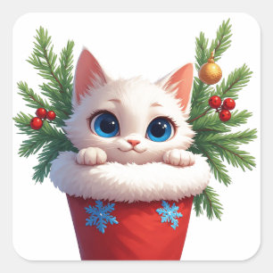 ❄️ Süßes Kätzchen-Weihnachtsstrumpf-Peek 🐾 Quadratischer Aufkleber