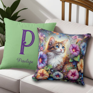 Süßes Katzen-Blumengarten-Einzelmonogramm Kissen