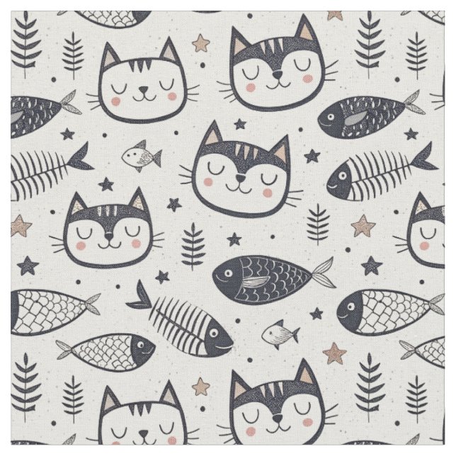 Süßes Katzen-Gesicht & Fischgräten-Muster - Kinder Stoff (Nahaufnahme)