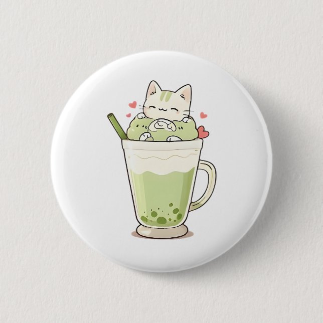 Süßes Katzen-Matcha-Boba-Getränk Kawaii-Design Button (Vorderseite)