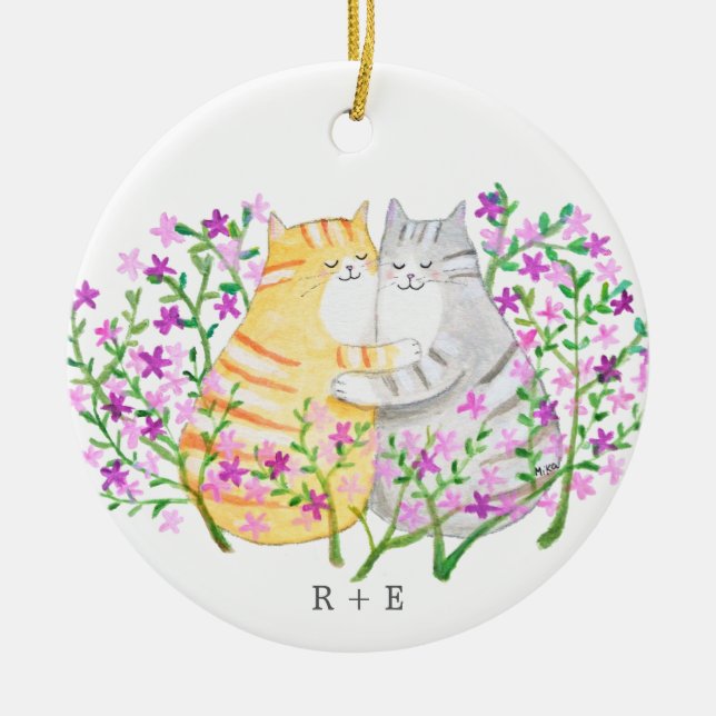 Süßes Katzenpaar Blumen benutzerdefinierter Anfang Keramik Ornament (Vorne)
