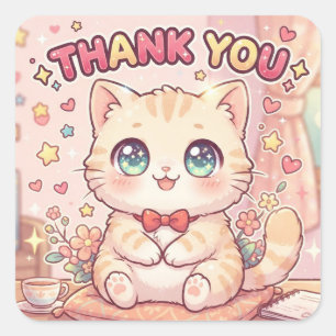 Süßes Kawaii Anime Chibi Danke Katze Quadratischer Aufkleber