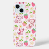 Süßes Kawaii-Axolotl- und Erdbeeren-Nahtloses Must