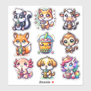 Süßes Kawaii Bobo Bubble Tea und Tiere Aufkleber