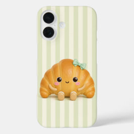 Süßes Kawaii-Croissant auf Smaragdgrün gestreiftem iPhone 16 Hülle