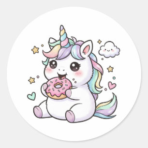Süßes Kawaii-Einhorn-Donut-aufessen-Sticker Runder Aufkleber