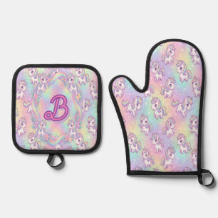 Süßes Kawaii-Einhorn Pastell-Regenbogen Magie Ofenhandschuh & Topflappen-Set