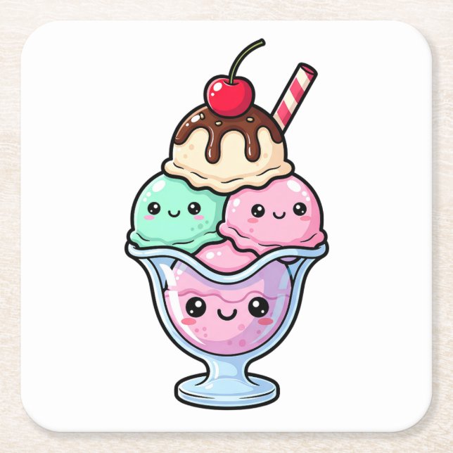 Süßes Kawaii-Eisbecher Rechteckiger Pappuntersetzer (Vorderseite)