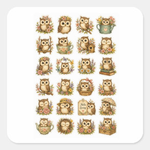 Süßes Kawaii-Eulen-Stickerblatt Quadratischer Aufkleber