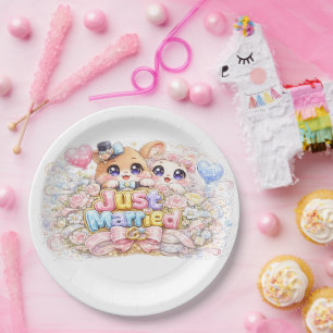 Süßes Kawaii-Frisch-verheiratetes-Paar-Tiere-Paste Pappteller
