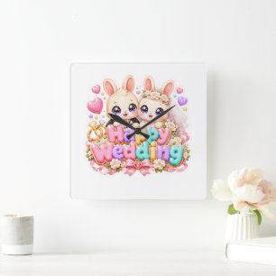 Süßes Kawaii Glückliches Hochzeits-Hasen-Paar Past Quadratische Wanduhr