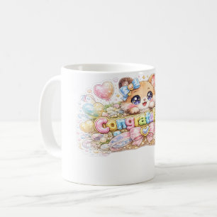 Süßes Kawaii-Gratulationskatze-Pastellrosa-Blumenm Kaffeetasse
