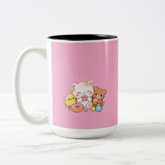 Süßes Kawaii-Katze, Küken und Teddybär-Pastell-Don Zweifarbige Tasse