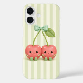 Süßes Kawaii-Kirsch-Paar auf Salbeigrün Streifen P iPhone 16 Hülle