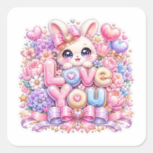 Süßes Kawaii Love You Bunny Rabbit Pastellrosa Flo Quadratischer Aufkleber