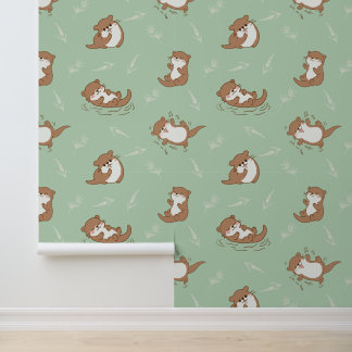 Süßes Kawaii-Otter-Nahtloses Muster auf Salbeigrün Tapete