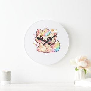 Süßes Kawaii-Regenbogen-Kätzchen-Pastell-Fluffiges Große Wanduhr