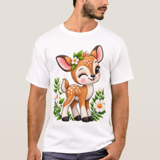 Süßes Kawaii-Rehkitz-Blumenstickerei-T-Shirt T-Shirt