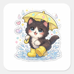 Süßes Kawaii-Schwarzweiß-Kätzchen mit Regenschirm Quadratischer Aufkleber