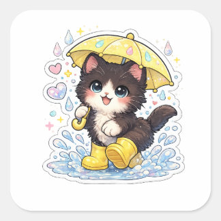 Süßes Kawaii-Schwarzweiß-Kätzchen mit Regenschirm Quadratischer Aufkleber