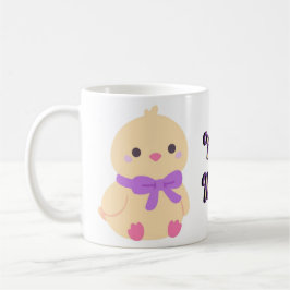 Süßes Kawaii sitzendes Baby-Küken mit lila Schleif Kaffeetasse