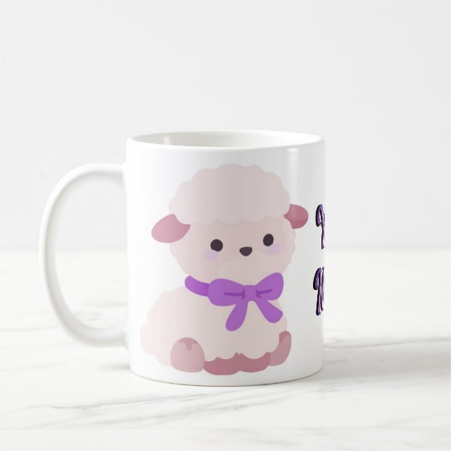 Süßes Kawaii-Sitzendes Fluffiges Lamm Lila-Schleif Kaffeetasse (Links)